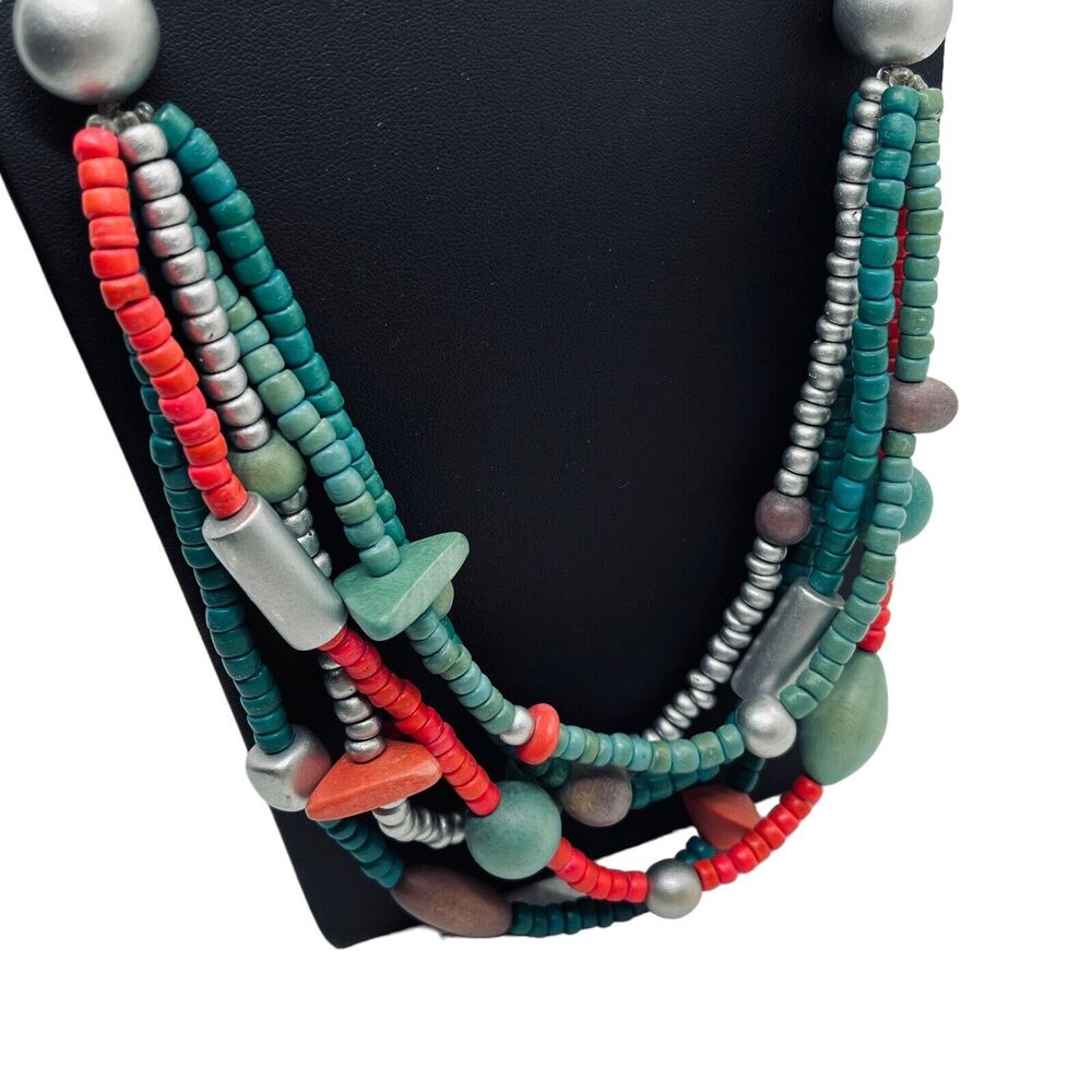 Wood Bead Multi-Strand Necklace Colorful Funky Ethnic Boho Statement 24" Vintage